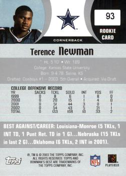 2003 Bowman's Best #93 Terence Newman Back