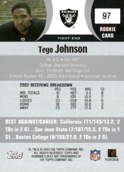 2003 Bowman's Best #97 Teyo Johnson Back