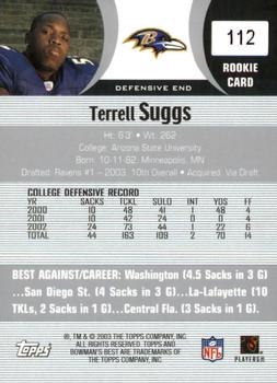 2003 Bowman's Best #112 Terrell Suggs Back