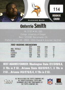 2003 Bowman's Best #114 Onterrio Smith Back