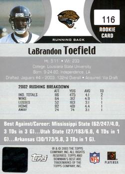 2003 Bowman's Best #116 LaBrandon Toefield Back
