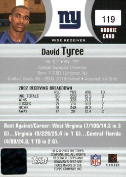 2003 Bowman's Best #119 David Tyree Back