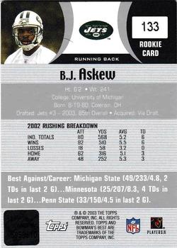 2003 Bowman's Best #133 B.J. Askew Back