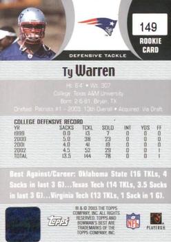 2003 Bowman's Best #149 Ty Warren Back