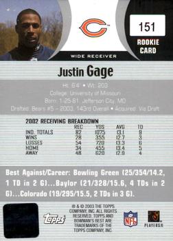 2003 Bowman's Best #151 Justin Gage Back