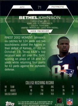 2003 Finest #71 Bethel Johnson Back