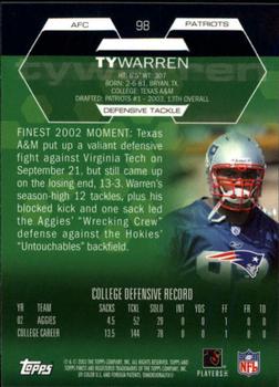 2003 Finest #98 Ty Warren Back