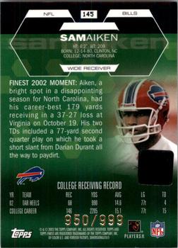 2003 Finest #145 Sam Aiken Back