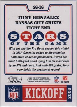 2008 Topps Kickoff - Stars of the Game #SG-TG Tony Gonzalez Back
