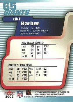 2003 Fleer Focus #65 Tiki Barber Back