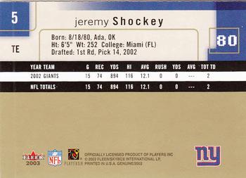 2003 Fleer Genuine Insider #5 Jeremy Shockey Back