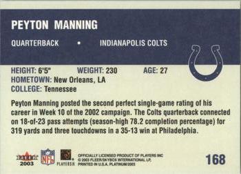 2003 Fleer Platinum #168 Peyton Manning Back
