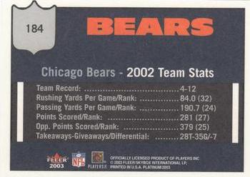 2003 Fleer Platinum #184 Chicago Bears Back