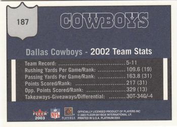 2003 Fleer Platinum #187 Dallas Cowboys Back