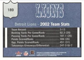 2003 Fleer Platinum #189 Detroit Lions Back