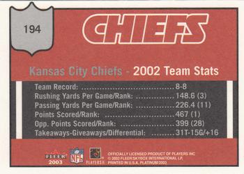 2003 Fleer Platinum #194 Kansas City Chiefs Back