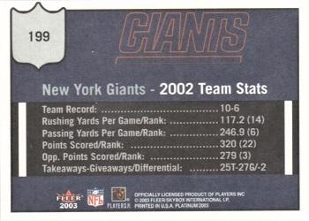 2003 Fleer Platinum #199 New York Giants Back