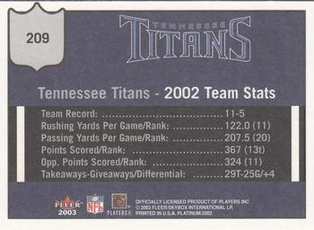 2003 Fleer Platinum #209 Tennessee Titans Back