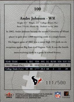 2003 Fleer Snapshot #100 Andre Johnson Back