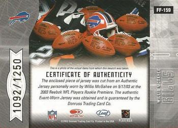 2003 Leaf Certified Materials #FF-159 Willis McGahee Back
