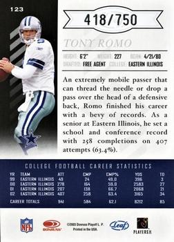 2003 Leaf Limited #123 Tony Romo Back