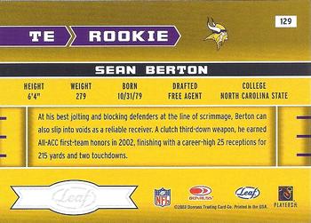 2003 Leaf Rookies & Stars #129 Sean Berton Back