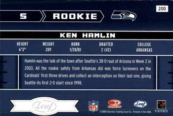 2003 Leaf Rookies & Stars #200 Ken Hamlin Back