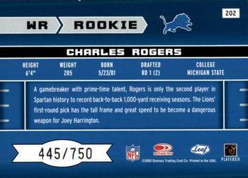 2003 Leaf Rookies & Stars #202 Charles Rogers Back