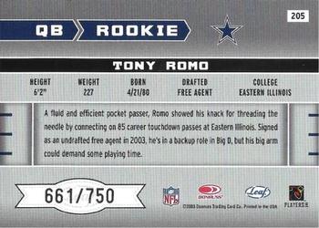 2003 Leaf Rookies & Stars #205 Tony Romo Back