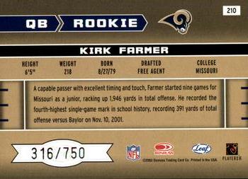 2003 Leaf Rookies & Stars #210 Kirk Farmer Back