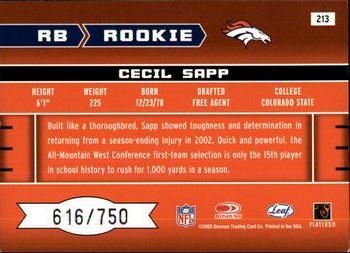 2003 Leaf Rookies & Stars #213 Cecil Sapp Back