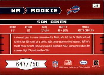 2003 Leaf Rookies & Stars #215 Sam Aiken Back