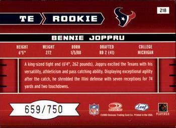 2003 Leaf Rookies & Stars #218 Bennie Joppru Back