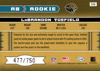 2003 Leaf Rookies & Stars #226 LaBrandon Toefield Back