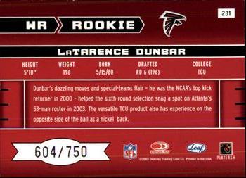 2003 Leaf Rookies & Stars #231 LaTarence Dunbar Back