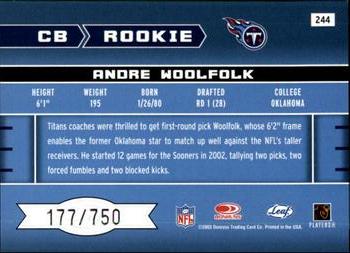 2003 Leaf Rookies & Stars #244 Andre Woolfolk Back