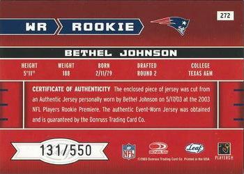 2003 Leaf Rookies & Stars #272 Bethel Johnson Back