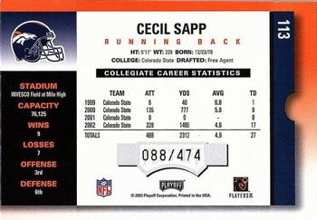 2003 Playoff Contenders #113 Cecil Sapp Back