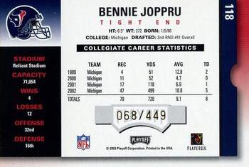 2003 Playoff Contenders #118 Bennie Joppru Back
