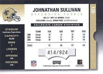 2003 Playoff Contenders #120 Johnathan Sullivan Back