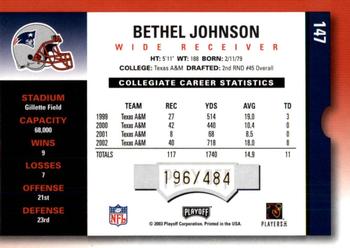 2003 Playoff Contenders #147 Bethel Johnson Back