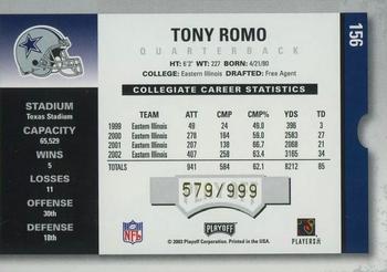 2003 Playoff Contenders #156 Tony Romo Back