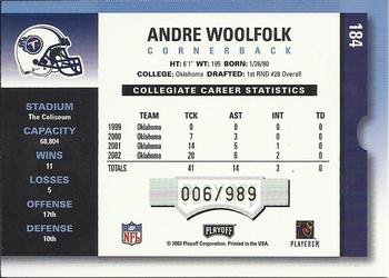 2003 Playoff Contenders #184 Andre Woolfolk Back