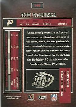 2003 Playoff Hogg Heaven #148 Rod Gardner Back