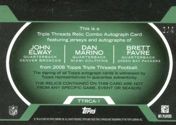 2008 Topps Triple Threads - Autographed Relic Triple Emerald #TTRCA-1 Brett Favre / Dan Marino / John Elway Back