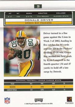 2003 Playoff Honors #23 Donald Driver Back