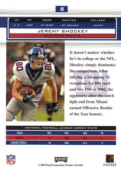 2003 Playoff Honors #43 Jeremy Shockey Back