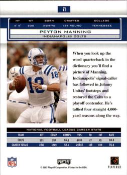 2003 Playoff Honors #71 Peyton Manning Back