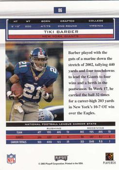 2003 Playoff Honors #86 Tiki Barber Back