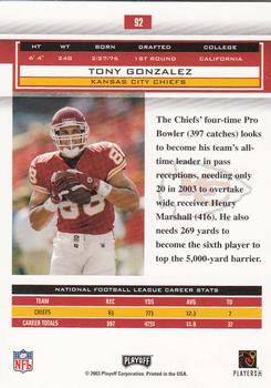 2003 Playoff Honors #92 Tony Gonzalez Back